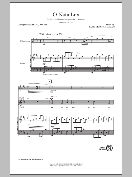 Patti Drennan O Nata Lux Sheet Music Notes & Chords for 2-Part Choir - Download or Print PDF