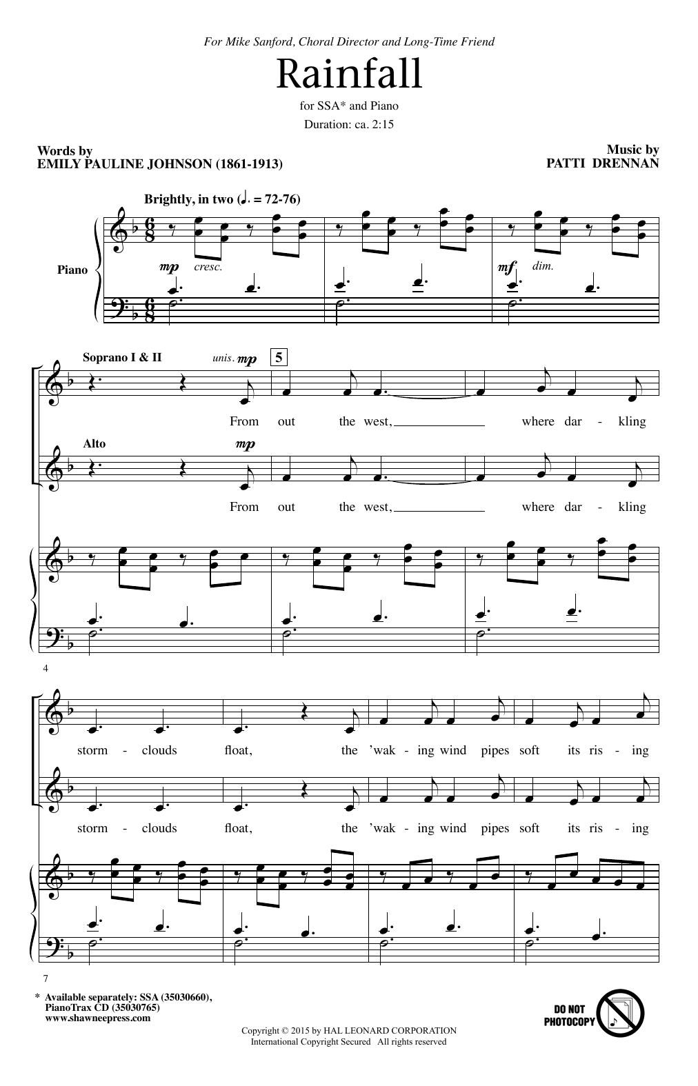 Patti Drennan Rainfall Sheet Music Notes & Chords for SSA - Download or Print PDF