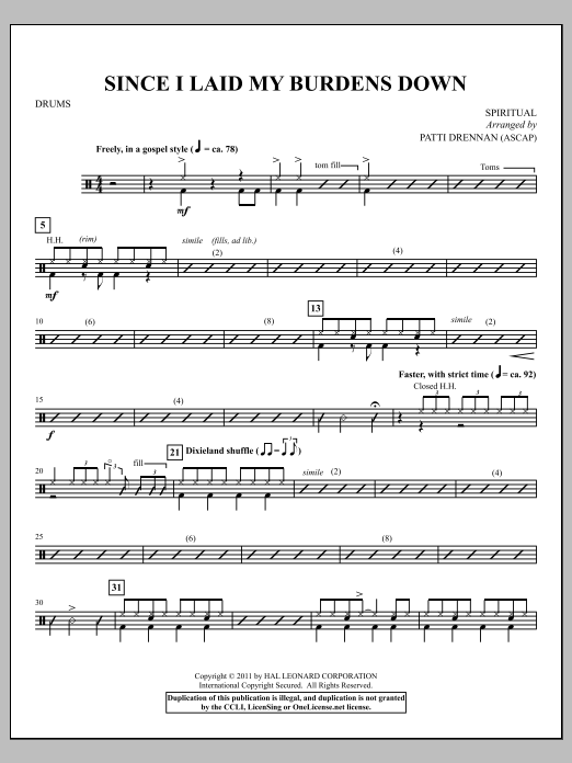 Patti Drennan Since I Laid My Burdens Down - Drum Set Sheet Music Notes & Chords for Choir Instrumental Pak - Download or Print PDF