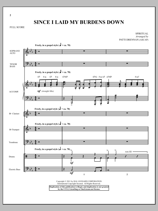 Patti Drennan Since I Laid My Burdens Down - Score Sheet Music Notes & Chords for Choir Instrumental Pak - Download or Print PDF