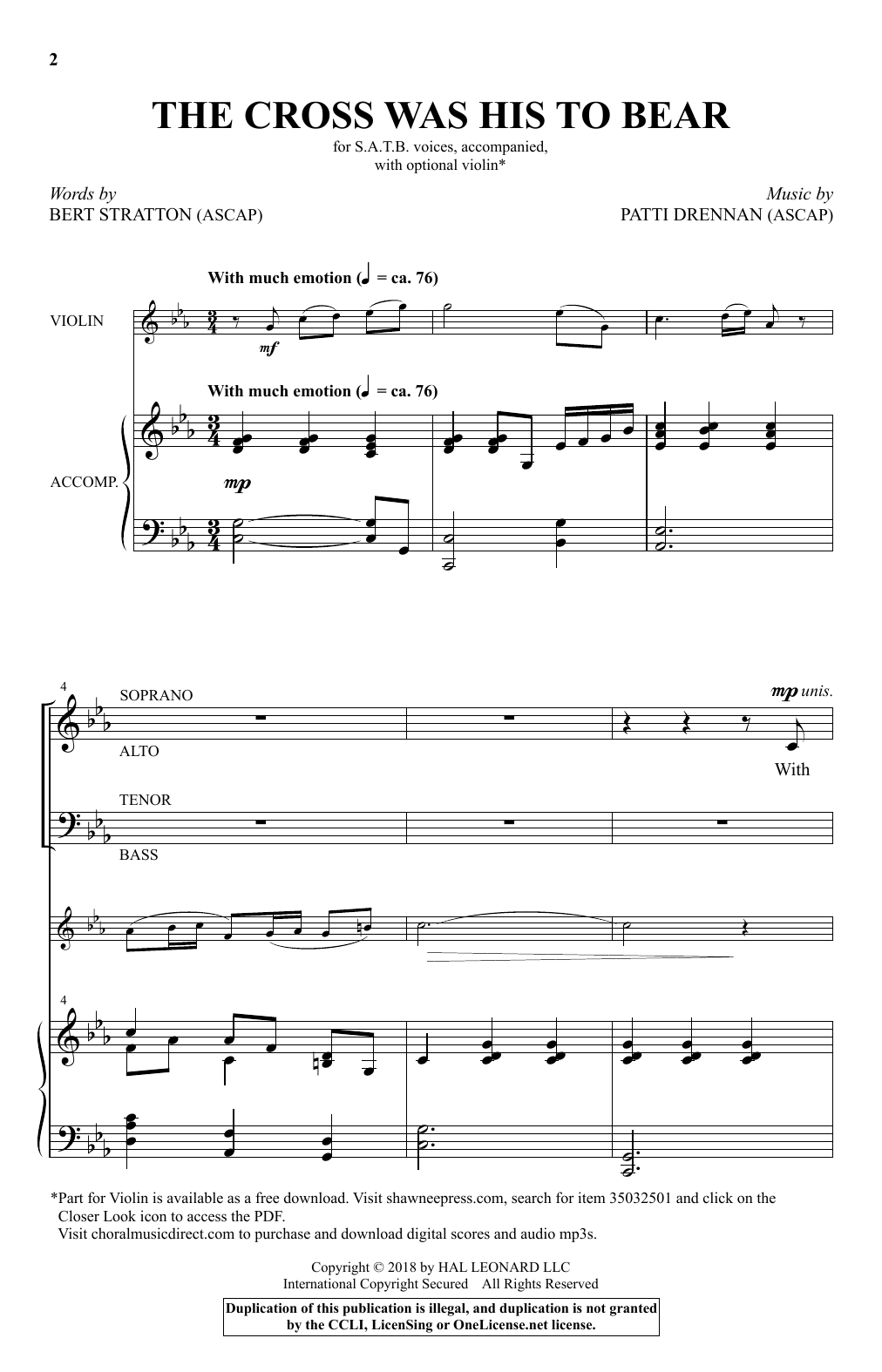 Patti Drennan The Cross Was His To Bear Sheet Music Notes & Chords for Choral - Download or Print PDF