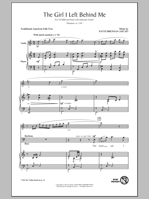 Patti Drennan The Girl I Left Behind Me Sheet Music Notes & Chords for Choral - Download or Print PDF