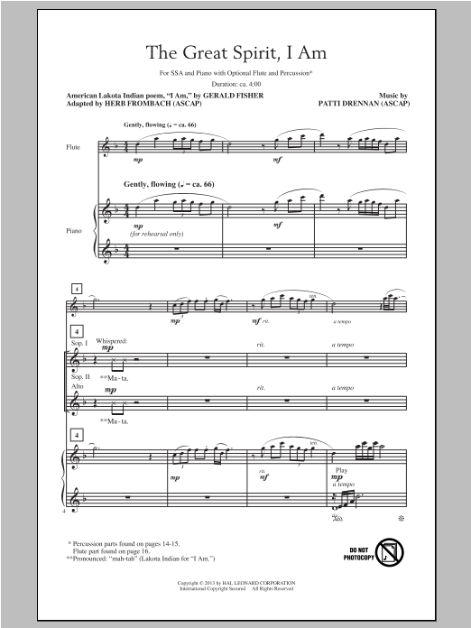 Patti Drennan The Great Spirit, I Am Sheet Music Notes & Chords for SSA - Download or Print PDF