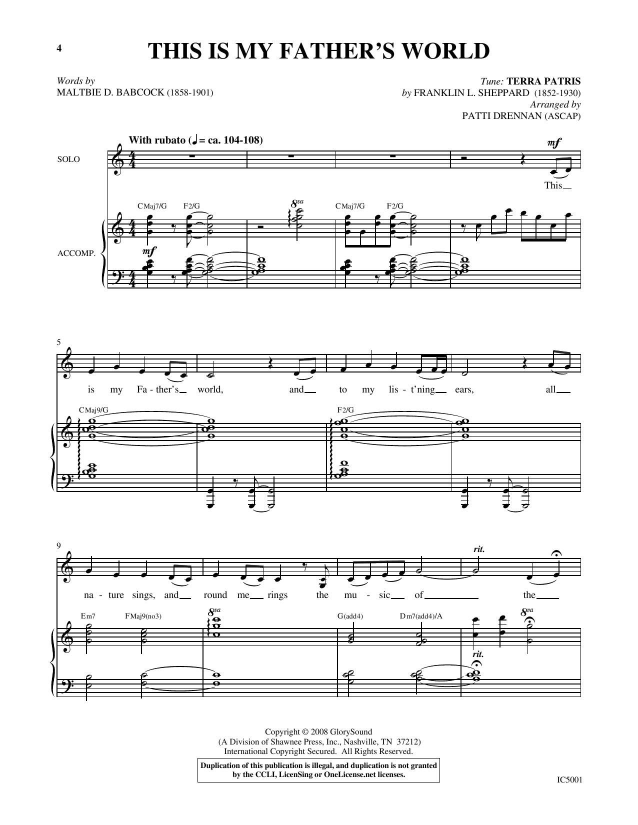 Patti Drennan This Is My Father's World Sheet Music Notes & Chords for Piano & Vocal - Download or Print PDF