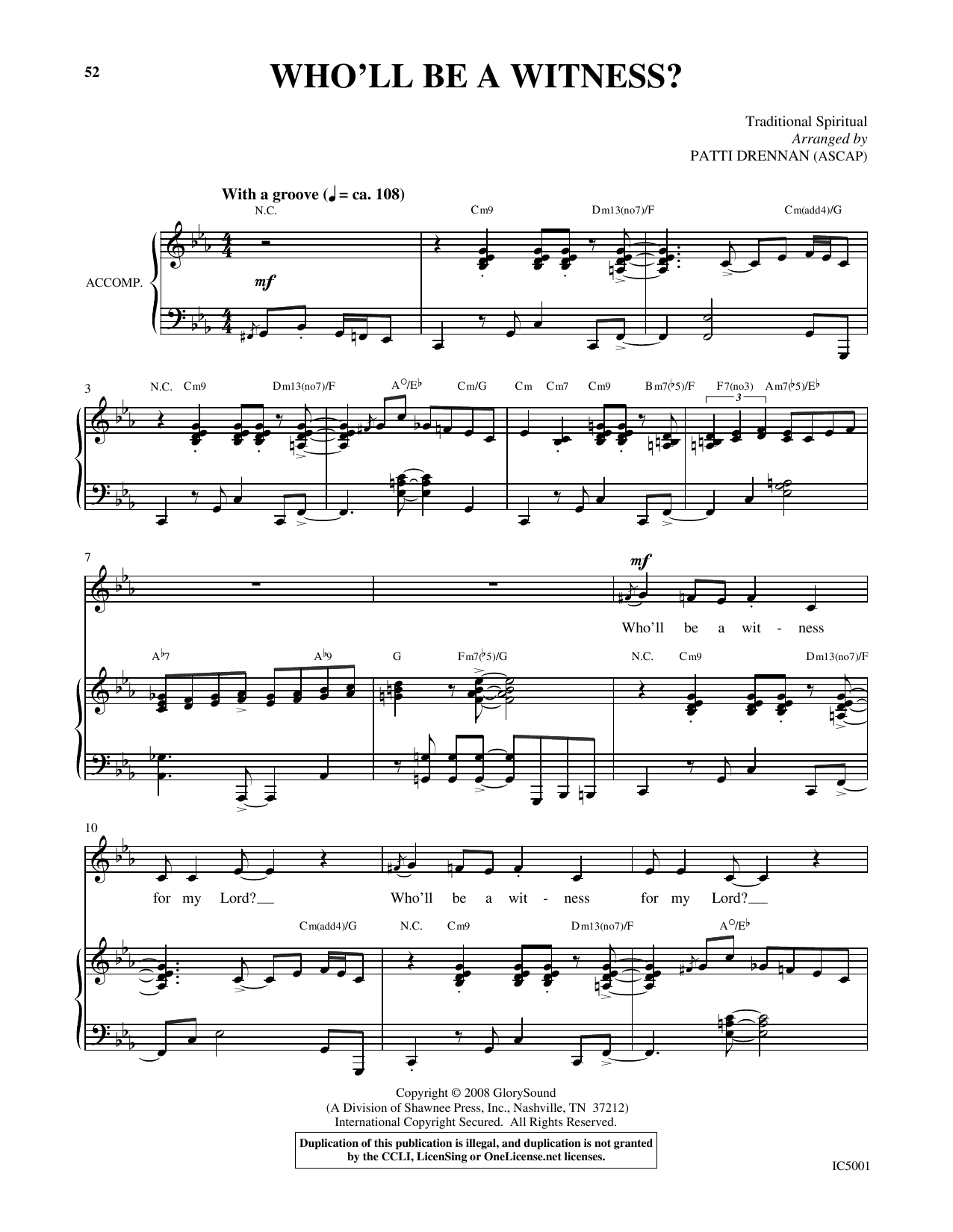 Patti Drennan Who'll Be A Witness? Sheet Music Notes & Chords for Piano & Vocal - Download or Print PDF