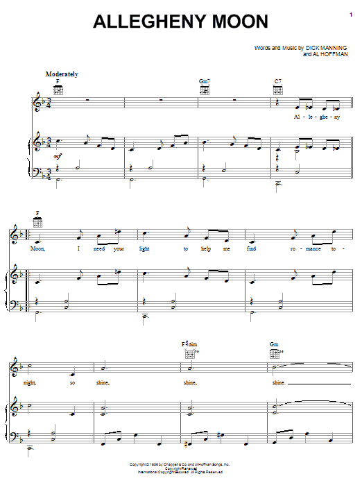 Patti Page Allegheny Moon Sheet Music Notes & Chords for Piano, Vocal & Guitar (Right-Hand Melody) - Download or Print PDF