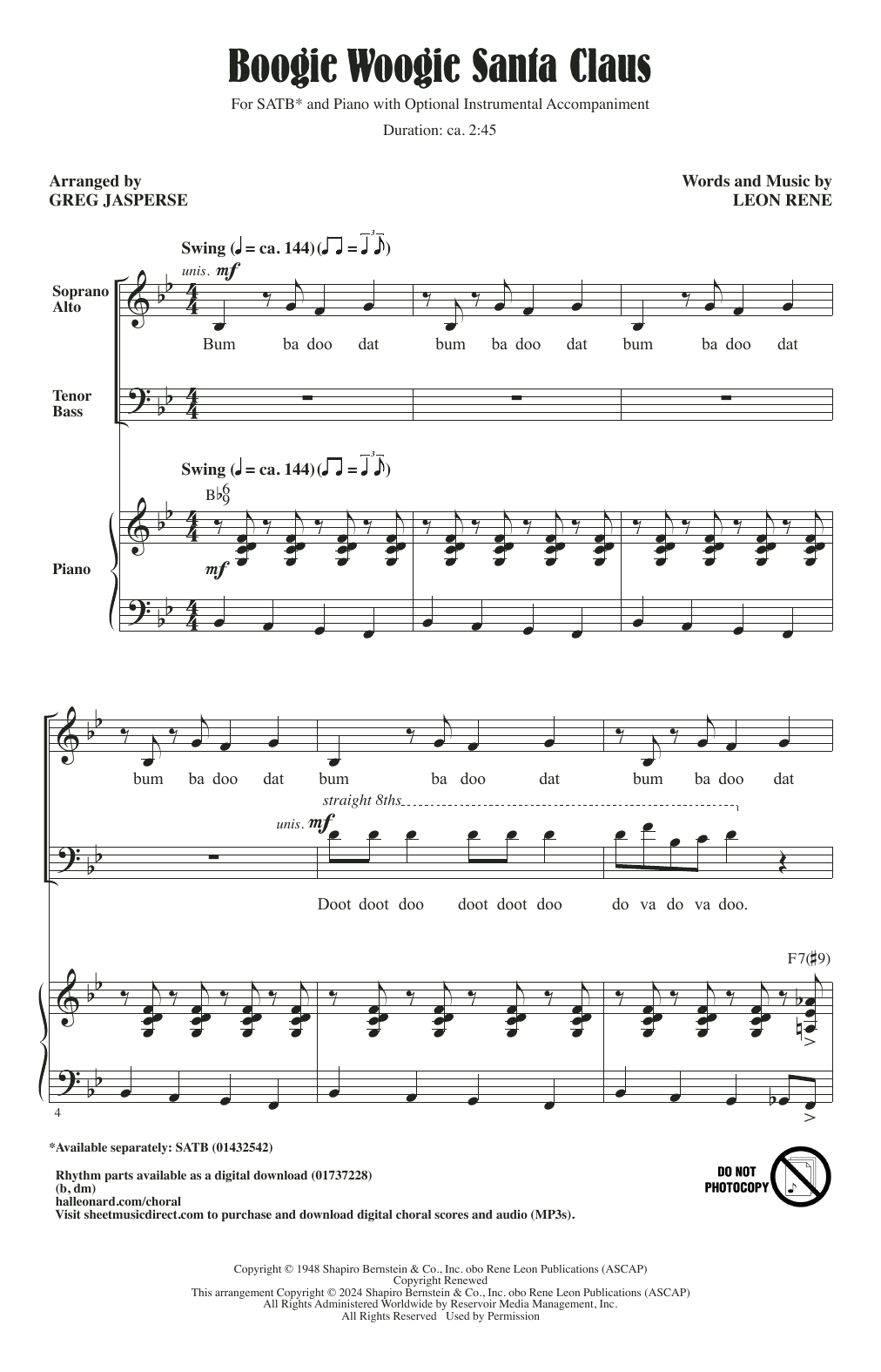 Patti Page Boogie Woogie Santa Claus (arr. Greg Jasperse) Sheet Music Notes & Chords for SATB Choir - Download or Print PDF