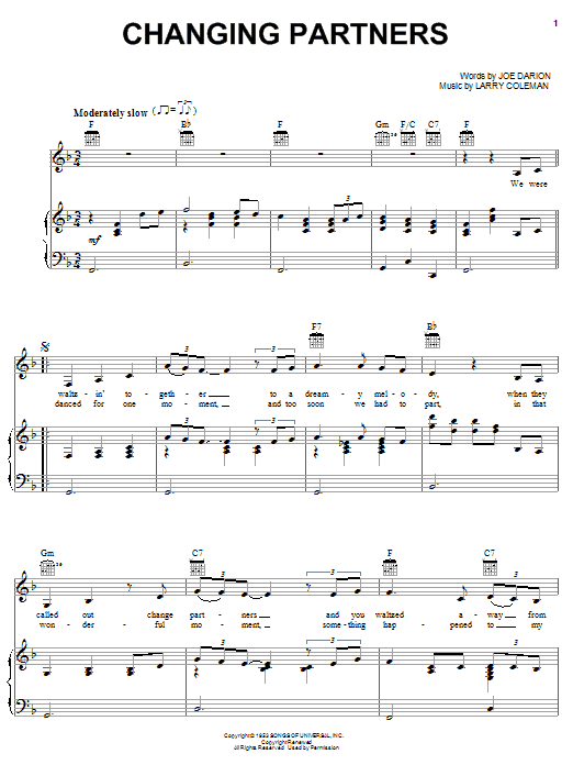 Patti Page Changing Partners Sheet Music Notes & Chords for Piano, Vocal & Guitar (Right-Hand Melody) - Download or Print PDF