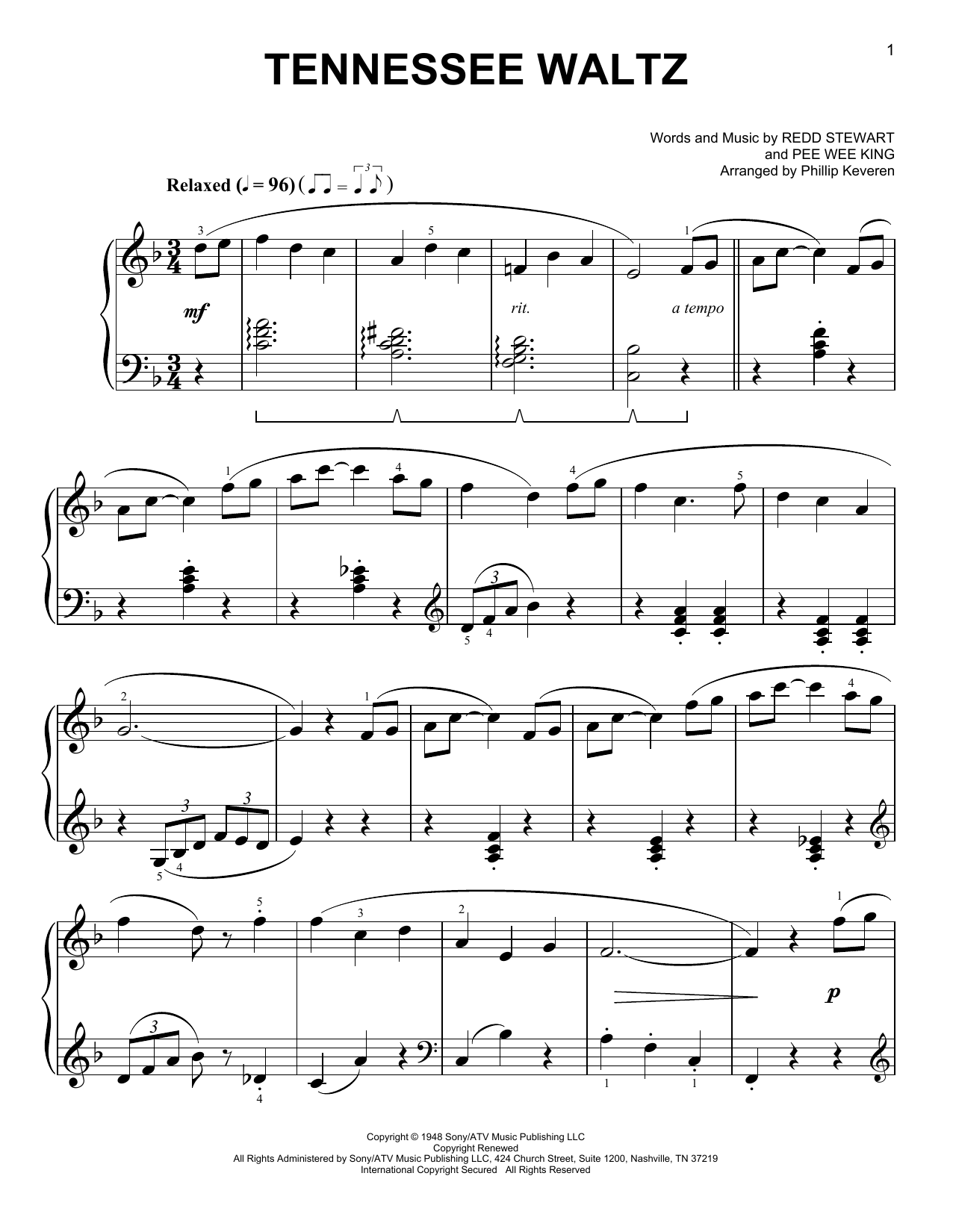 Patti Page Tennessee Waltz [Classical version] (arr. Phillip Keveren) Sheet Music Notes & Chords for Piano Solo - Download or Print PDF
