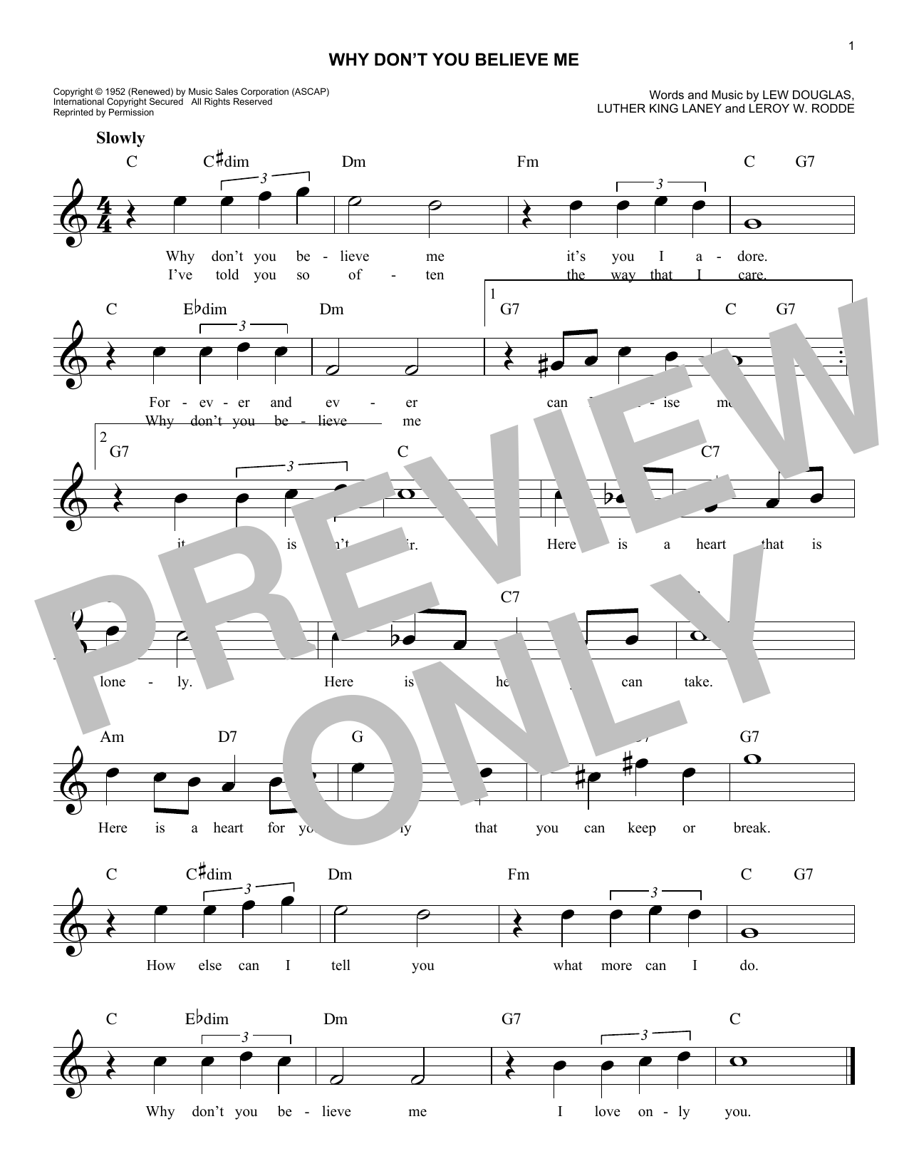Patti Page Why Don't You Believe Me Sheet Music Notes & Chords for Easy Piano - Download or Print PDF