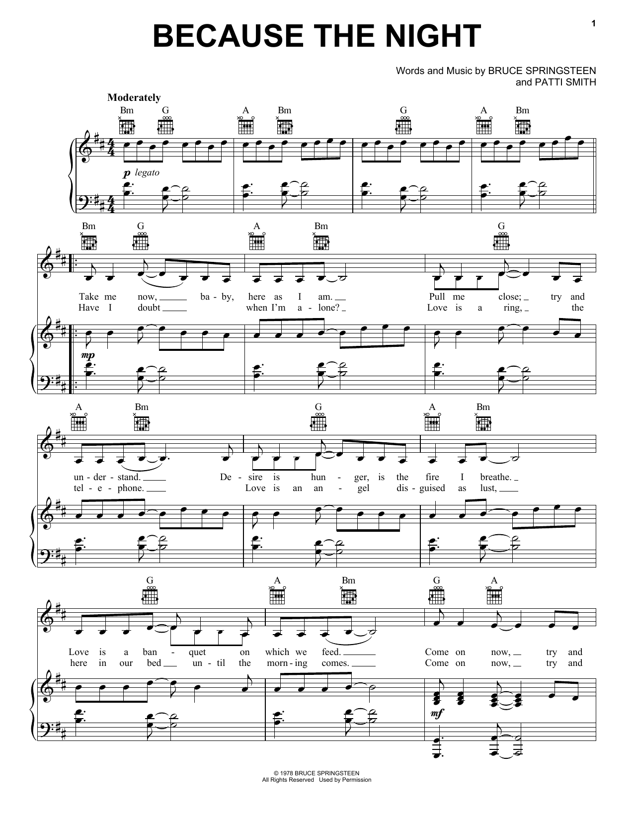 Patti Smith Because The Night Sheet Music Notes & Chords for Piano, Vocal & Guitar (Right-Hand Melody) - Download or Print PDF