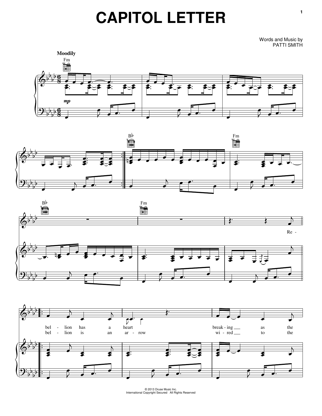 Patti Smith Capitol Letter Sheet Music Notes & Chords for Piano, Vocal & Guitar (Right-Hand Melody) - Download or Print PDF