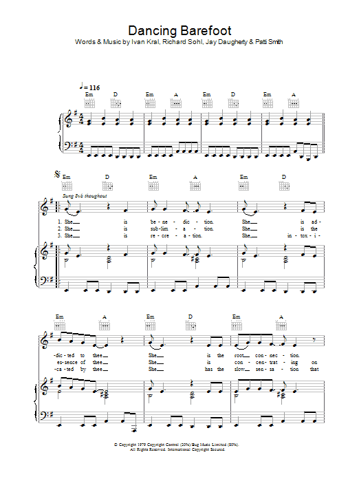 Patti Smith Dancing Barefoot Sheet Music Notes & Chords for Lyrics & Chords - Download or Print PDF