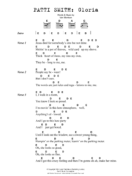 Patti Smith Gloria Sheet Music Notes & Chords for Lyrics & Chords - Download or Print PDF