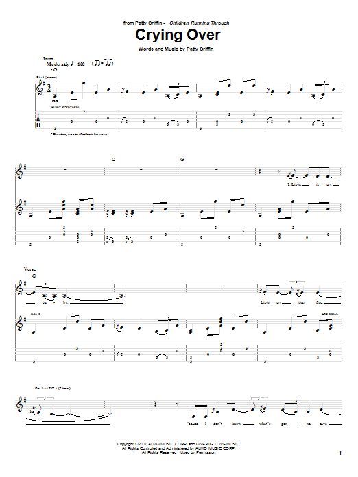 Patty Griffin Crying Over Sheet Music Notes & Chords for Guitar Tab - Download or Print PDF