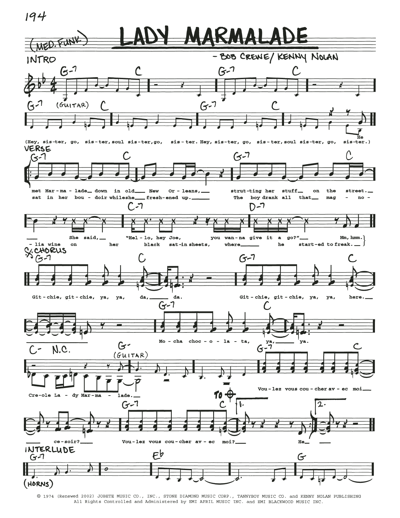 Patty LaBelle Lady Marmalade Sheet Music Notes & Chords for Real Book – Melody, Lyrics & Chords - Download or Print PDF