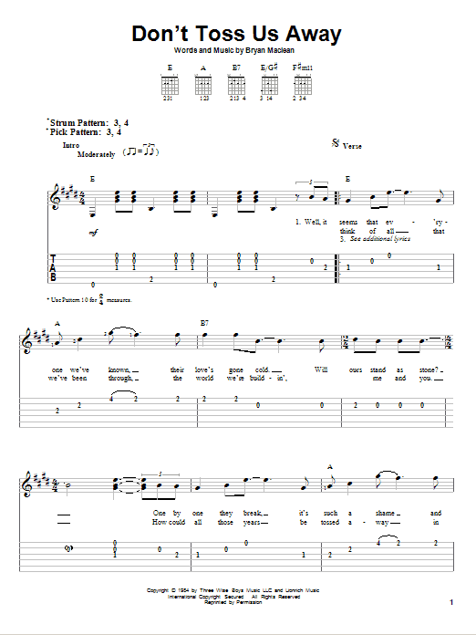 Patty Loveless Don't Toss Us Away Sheet Music Notes & Chords for Easy Guitar Tab - Download or Print PDF