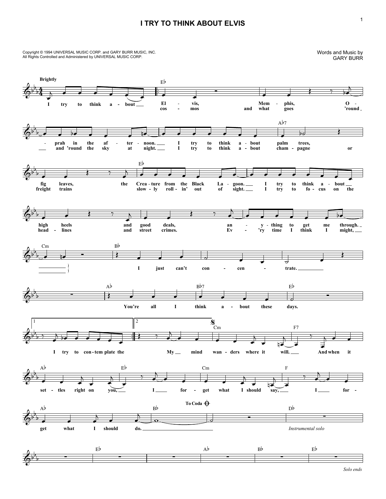 Patty Loveless I Try To Think About Elvis Sheet Music Notes & Chords for Melody Line, Lyrics & Chords - Download or Print PDF