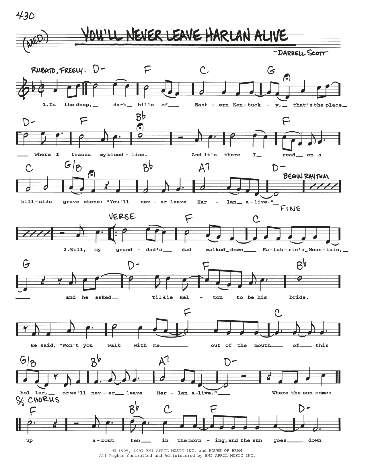 Patty Loveless You'll Never Leave Harlan Alive Sheet Music Notes & Chords for Real Book – Melody, Lyrics & Chords - Download or Print PDF