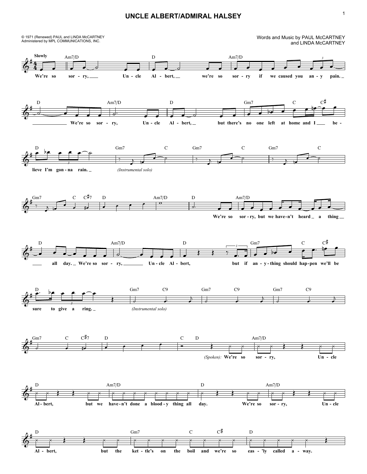 Paul & Linda McCartney Uncle Albert/Admiral Halsey Sheet Music Notes & Chords for Melody Line, Lyrics & Chords - Download or Print PDF