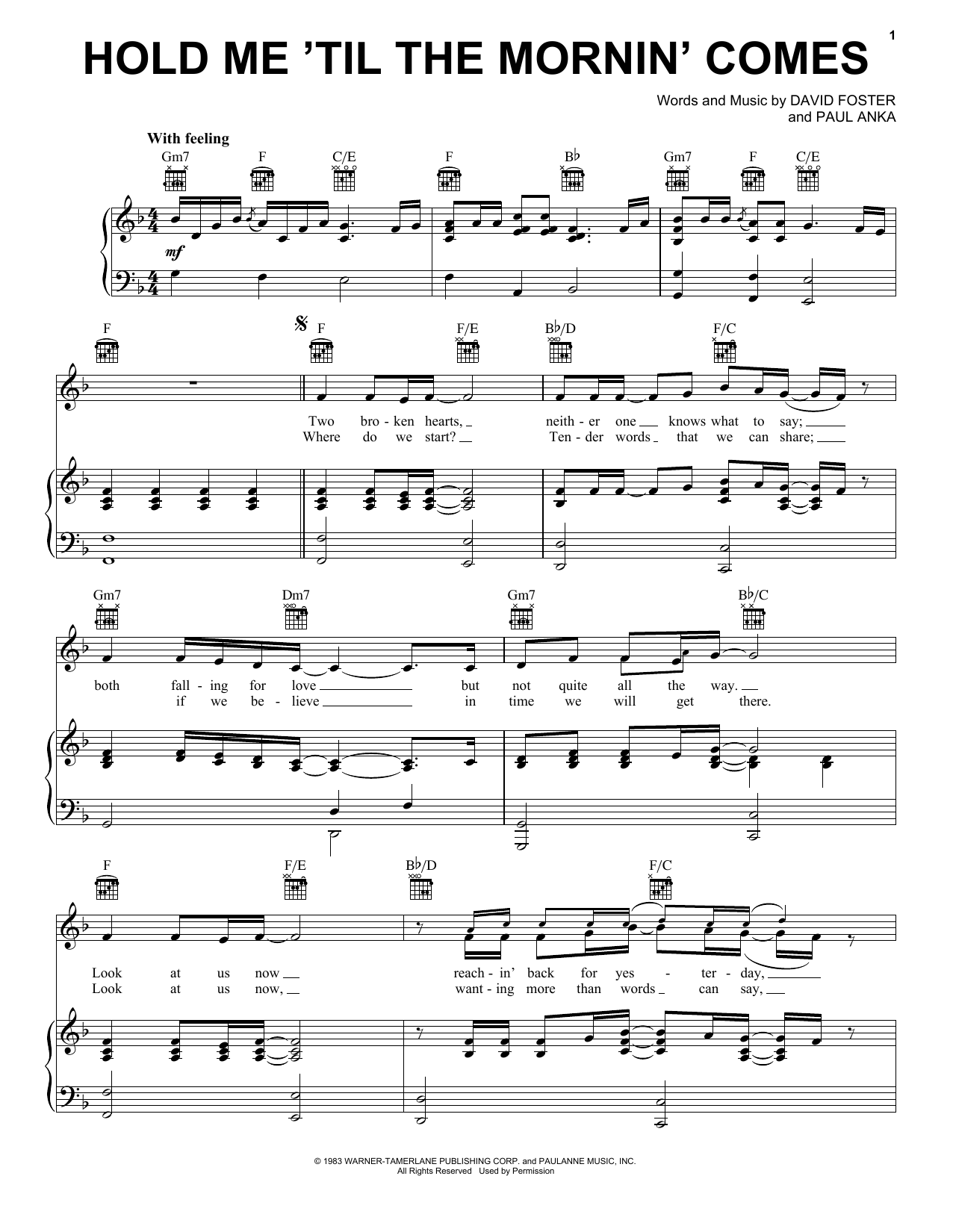 Paul Anka and Peter Cetera Hold Me 'Til The Mornin' Comes Sheet Music Notes & Chords for Piano, Vocal & Guitar Chords (Right-Hand Melody) - Download or Print PDF