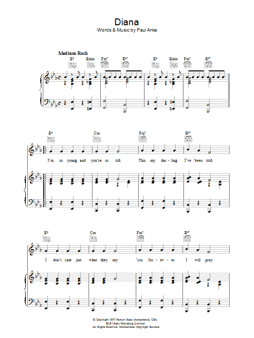 Paul Anka Diana Sheet Music Notes & Chords for Melody Line, Lyrics & Chords - Download or Print PDF