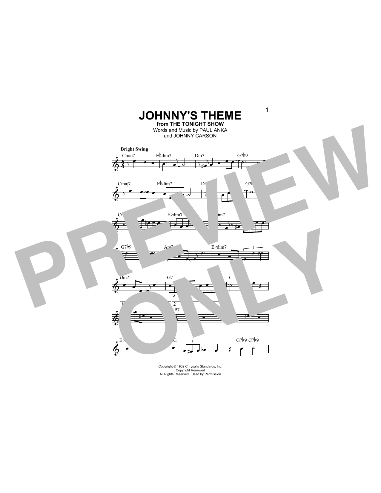 Paul Anka Johnny's Theme Sheet Music Notes & Chords for Melody Line, Lyrics & Chords - Download or Print PDF