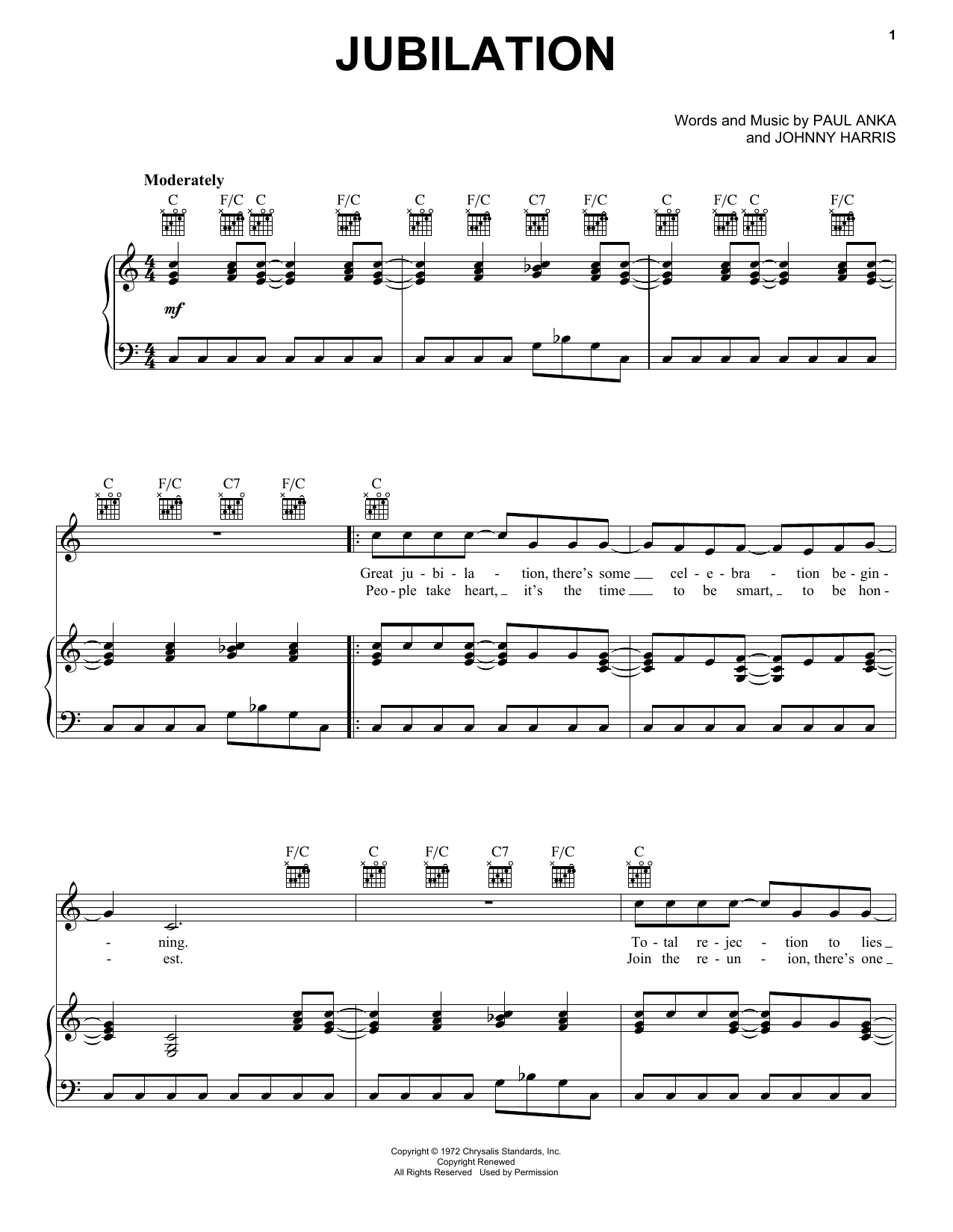 Paul Anka Jubilation Sheet Music Notes & Chords for Piano, Vocal & Guitar Chords (Right-Hand Melody) - Download or Print PDF