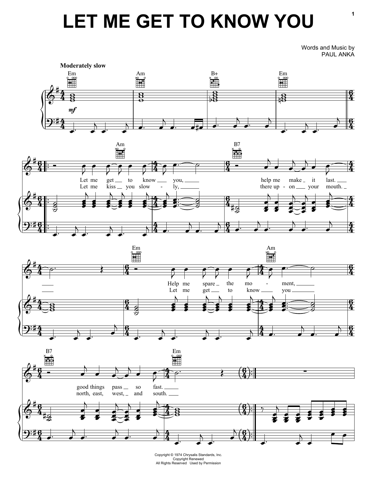 Paul Anka Let Me Get To Know You Sheet Music Notes & Chords for Piano, Vocal & Guitar Chords (Right-Hand Melody) - Download or Print PDF