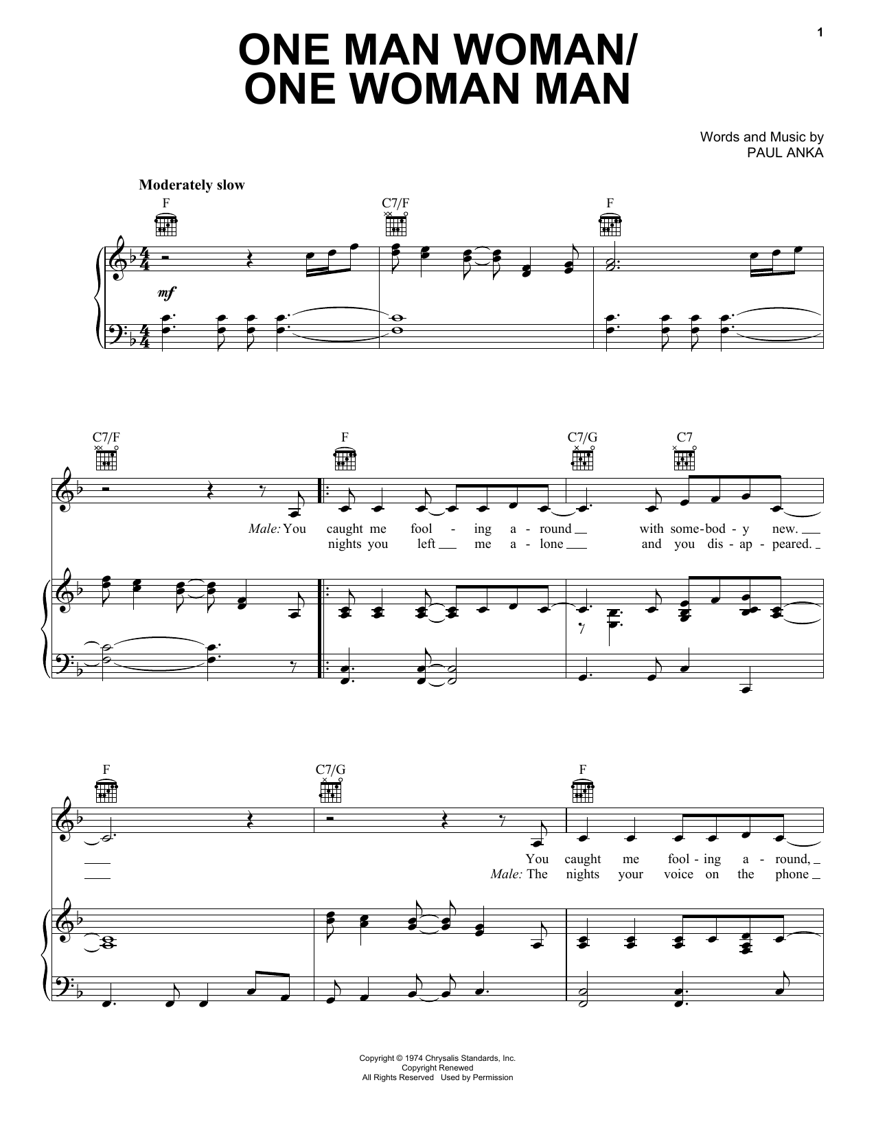 Paul Anka One Man Woman/One Woman Man Sheet Music Notes & Chords for Piano, Vocal & Guitar Chords (Right-Hand Melody) - Download or Print PDF
