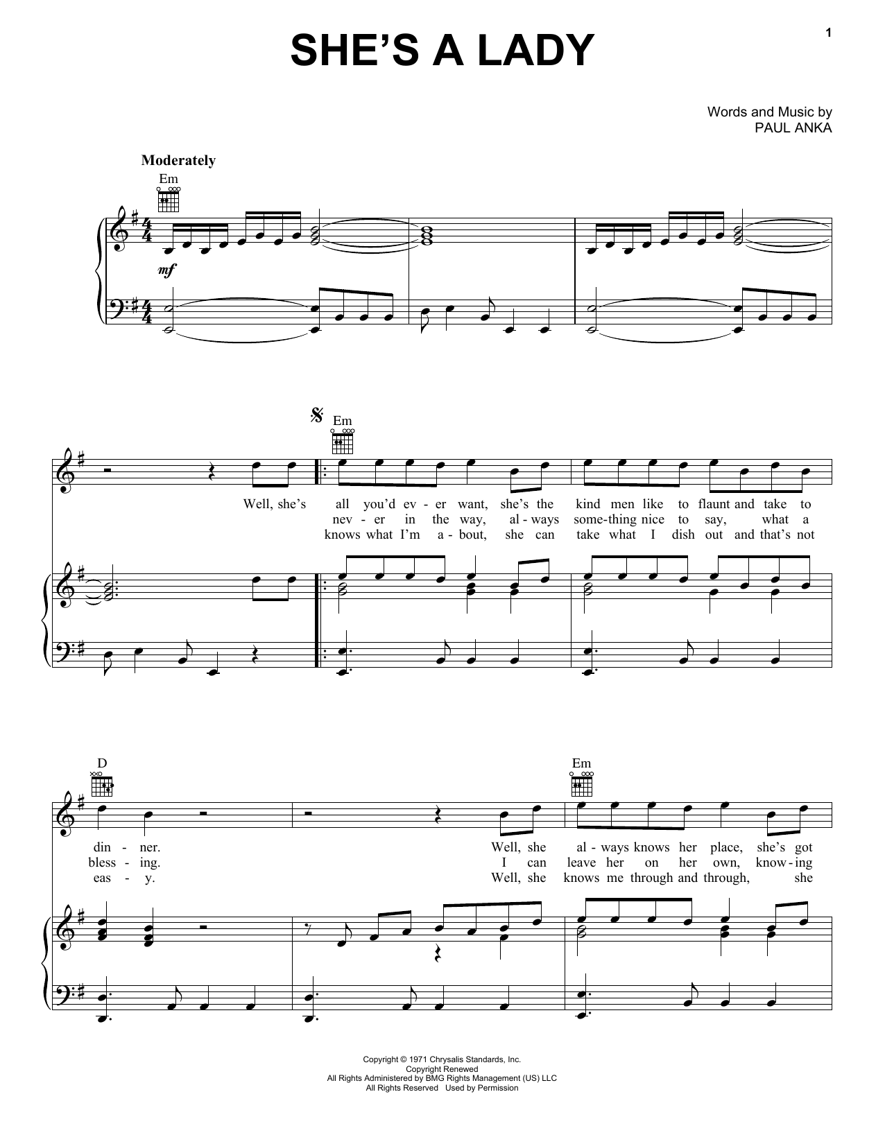 Paul Anka She's A Lady Sheet Music Notes & Chords for Piano, Vocal & Guitar Chords (Right-Hand Melody) - Download or Print PDF