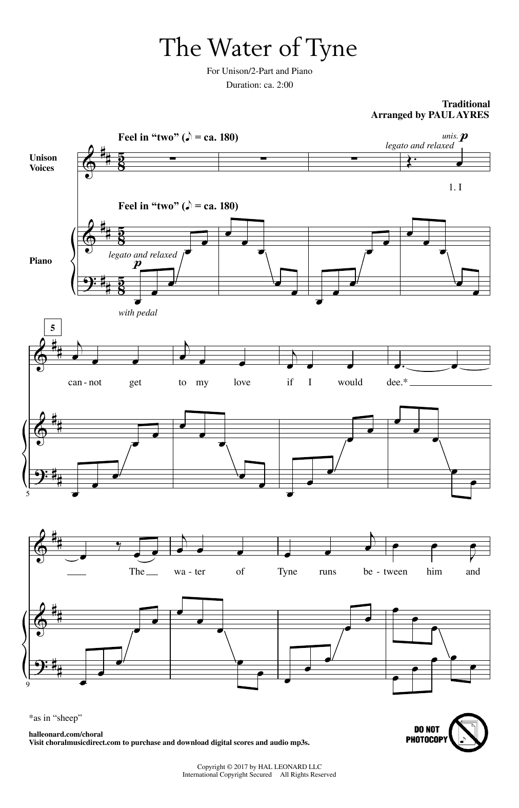 Paul Ayres The Water Of Tyne Sheet Music Notes & Chords for Unison Choral - Download or Print PDF