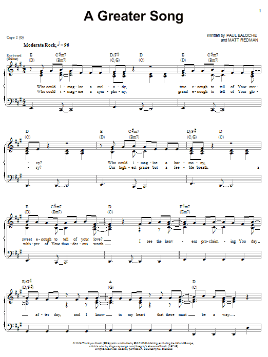 Paul Baloche A Greater Song Sheet Music Notes & Chords for Piano, Vocal & Guitar (Right-Hand Melody) - Download or Print PDF Paul Baloche A Greater Song Sheet Music Notes & Chords for Piano, Vocal & Guitar (Right-Hand Melody) - Download or Print PDF