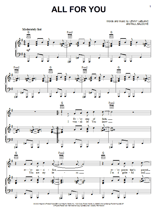 Paul Baloche All For You Sheet Music Notes & Chords for Piano, Vocal & Guitar (Right-Hand Melody) - Download or Print PDF