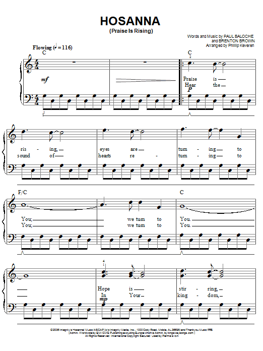 Paul Baloche Hosanna (Praise Is Rising) Sheet Music Notes & Chords for Easy Piano - Download or Print PDF