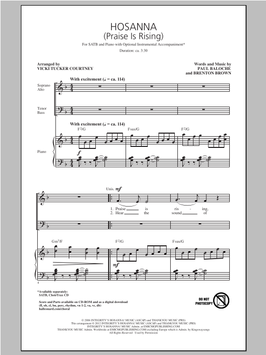 Vicki Tucker Courtney Hosanna (Praise Is Rising) Sheet Music Notes & Chords for SATB - Download or Print PDF