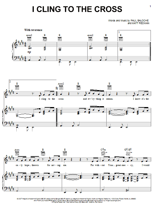 Paul Baloche I Cling To The Cross Sheet Music Notes & Chords for Piano, Vocal & Guitar (Right-Hand Melody) - Download or Print PDF