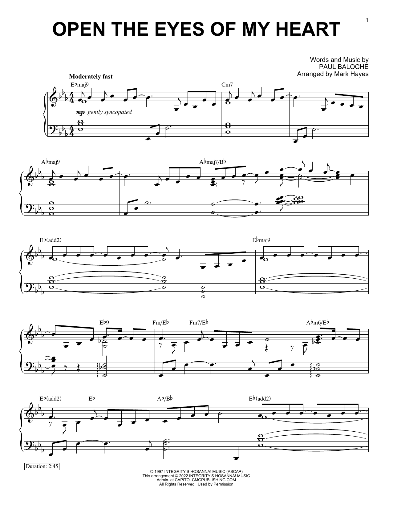Paul Baloche Open The Eyes Of My Heart (arr. Mark Hayes) Sheet Music Notes & Chords for Piano Solo - Download or Print PDF