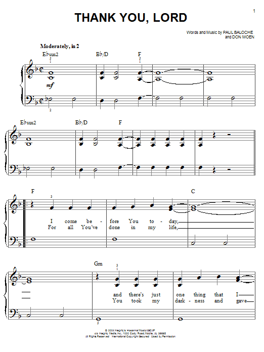 Paul Baloche Thank You, Lord Sheet Music Notes & Chords for Piano, Vocal & Guitar (Right-Hand Melody) - Download or Print PDF