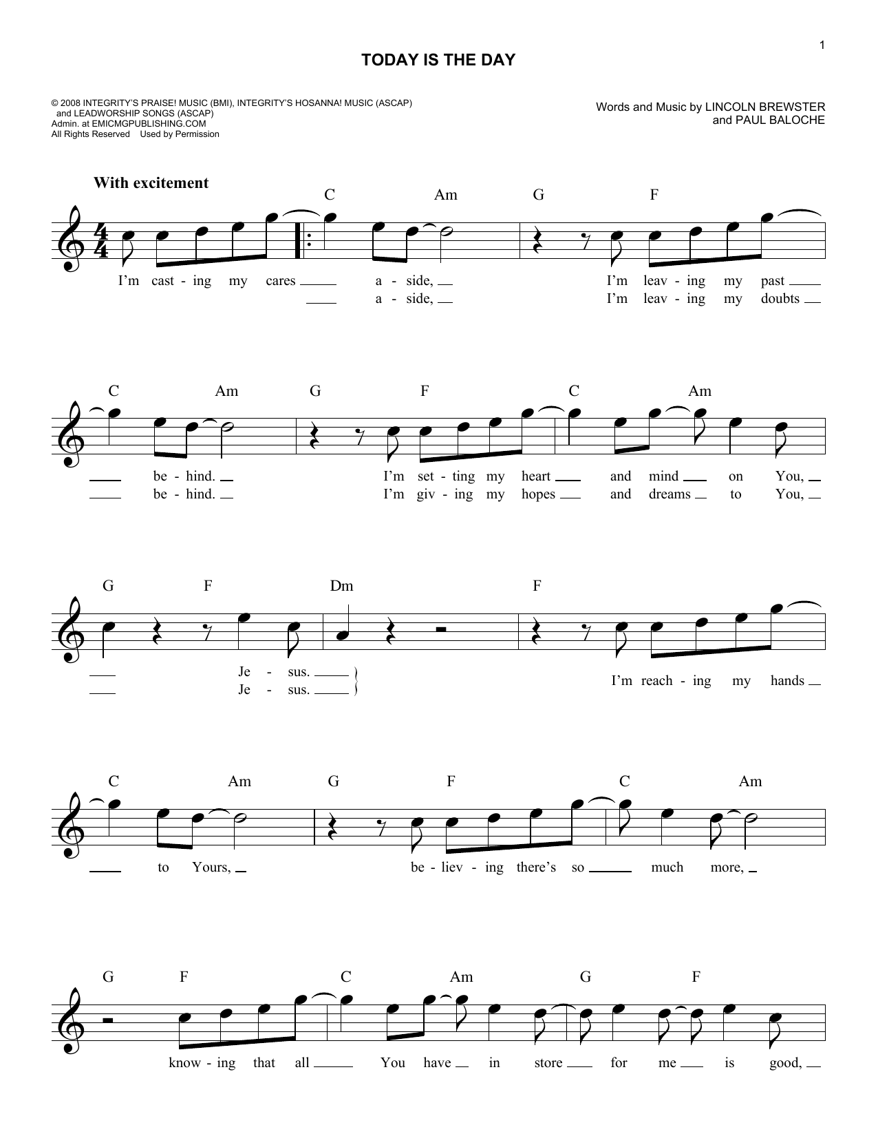 Paul Baloche Today Is The Day Sheet Music Notes & Chords for Melody Line, Lyrics & Chords - Download or Print PDF