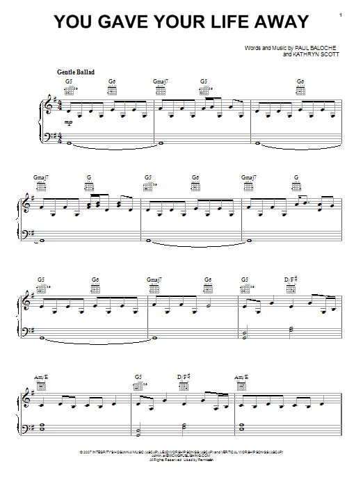 Paul Baloche You Gave Your Life Away Sheet Music Notes & Chords for Piano, Vocal & Guitar (Right-Hand Melody) - Download or Print PDF