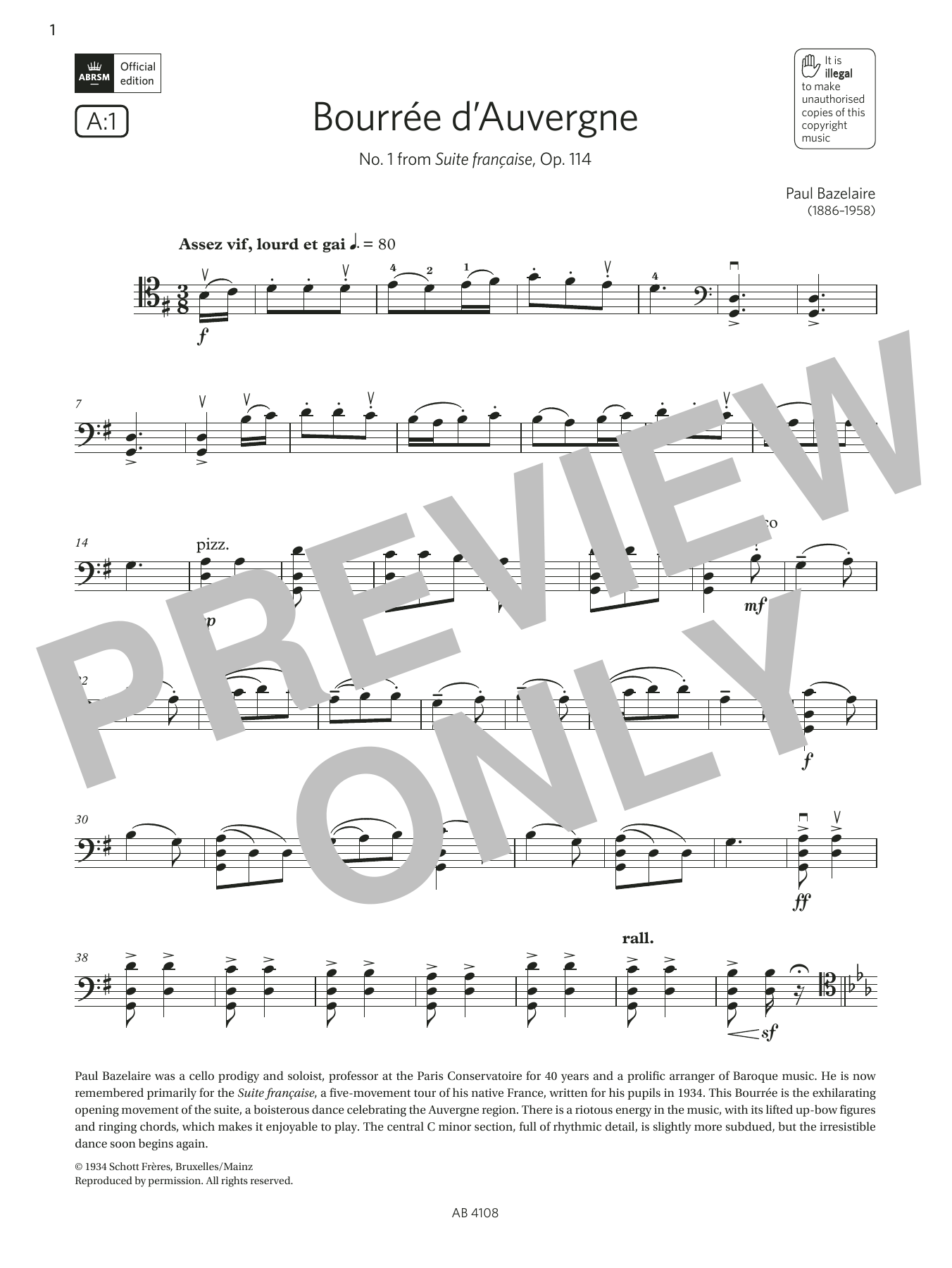 Paul Bazelaire Bourée d'Auvergne (Grade 5, A1, from the ABRSM Cello Syllabus from 2024) Sheet Music Notes & Chords for Cello Solo - Download or Print PDF