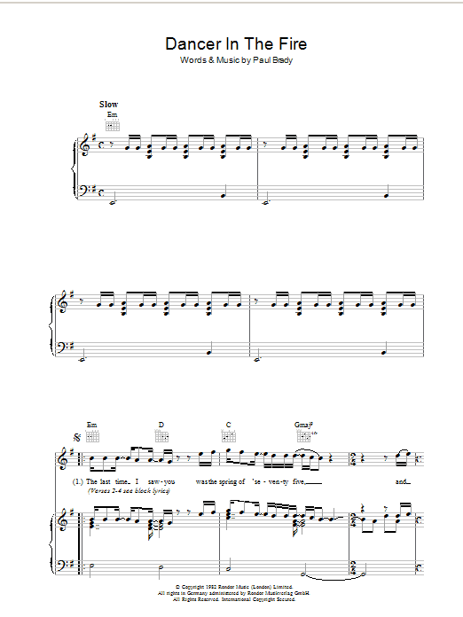 Paul Brady Dancer In The Fire Sheet Music Notes & Chords for Piano, Vocal & Guitar (Right-Hand Melody) - Download or Print PDF