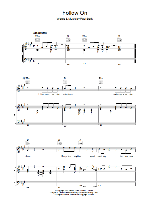 Paul Brady Follow On Sheet Music Notes & Chords for Piano, Vocal & Guitar (Right-Hand Melody) - Download or Print PDF