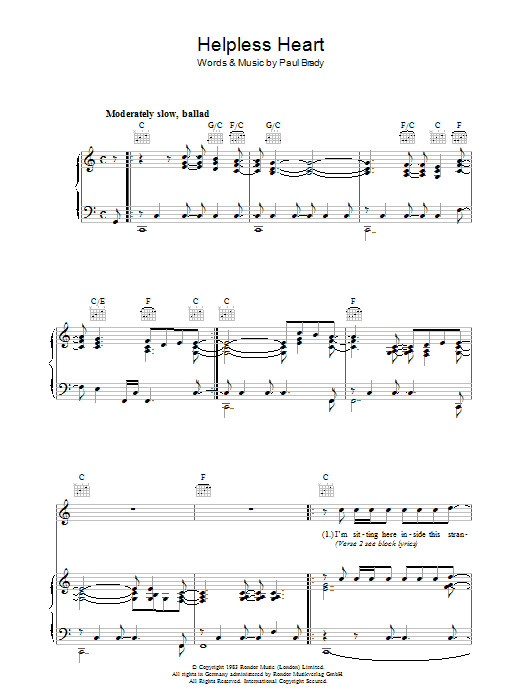 Paul Brady Helpless Heart Sheet Music Notes & Chords for Piano, Vocal & Guitar (Right-Hand Melody) - Download or Print PDF