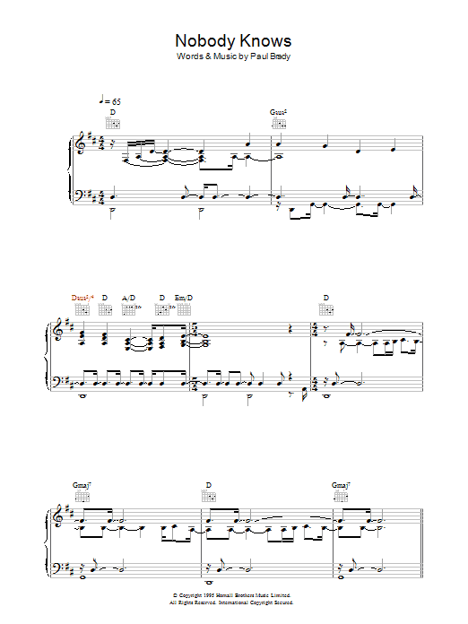 Paul Brady Nobody Knows Sheet Music Notes & Chords for Piano, Vocal & Guitar - Download or Print PDF