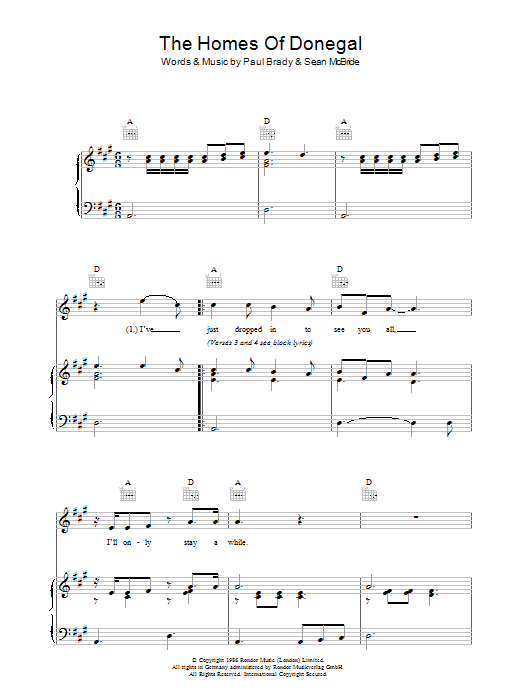 Paul Brady The Homes Of Donegal Sheet Music Notes & Chords for Piano, Vocal & Guitar (Right-Hand Melody) - Download or Print PDF