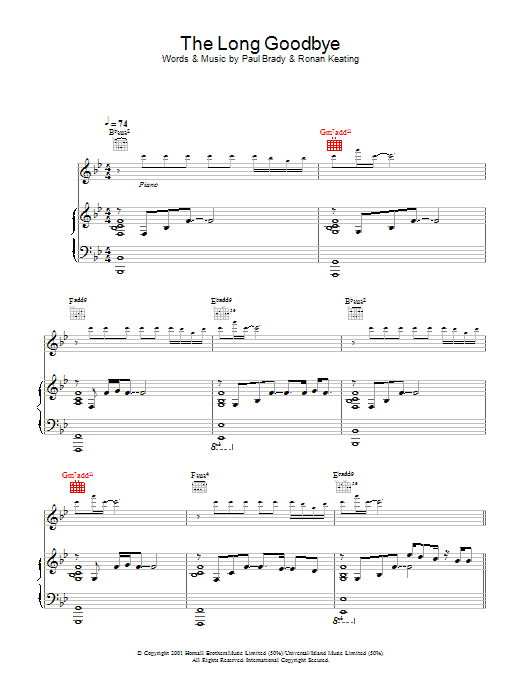 Paul Brady The Long Goodbye Sheet Music Notes & Chords for Piano, Vocal & Guitar - Download or Print PDF