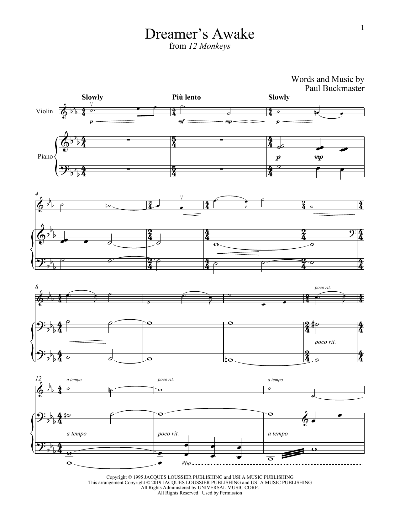 Paul Buckmaster Dreamer's Awake (from 12 Monkeys) Sheet Music Notes & Chords for Violin and Piano - Download or Print PDF