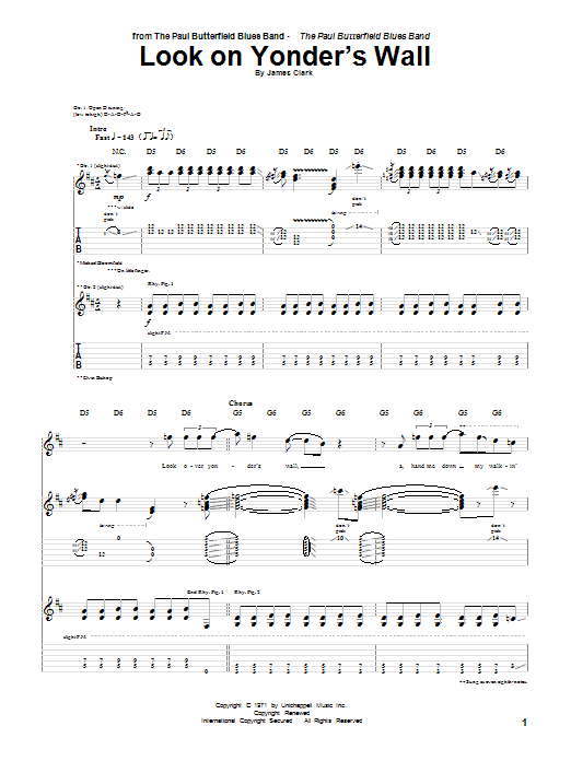 Paul Butterfield Look On Yonder's Wall Sheet Music Notes & Chords for Guitar Tab - Download or Print PDF